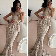 Saudi Arabic 2016 Elegant Gray Lace Mermaid Evening Dresses With Peplum O Neck Dubai Ladies Party Gowns Vestido De Festa Longo