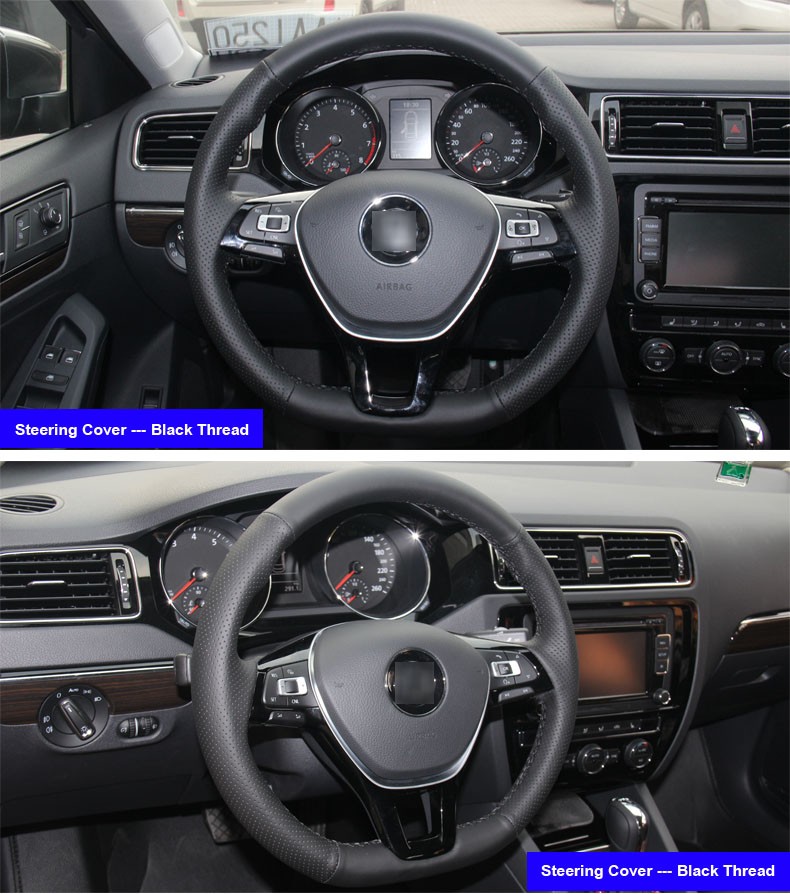 for Volkswagen VW Golf 7 Mk7 New Polo Jetta Black Leather Steering Wheel Cover Black Thread