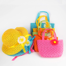 Summer Sun Hat Girls Kids Beach Hats Bags Flower Straw Hat Cap Tote Handbag Bag Suit