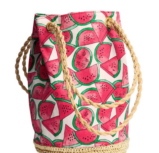 New Arrival Women Woven Shopping Bag Watermelon Printing Shoulder Bag Straw  Beach Bag Fruit Bucket Bag Casual Canvas Women Bag