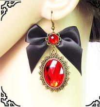 Q2255  Vampire retro red gemstone crystal  earrings black bow mysterious sexy prom party  B7