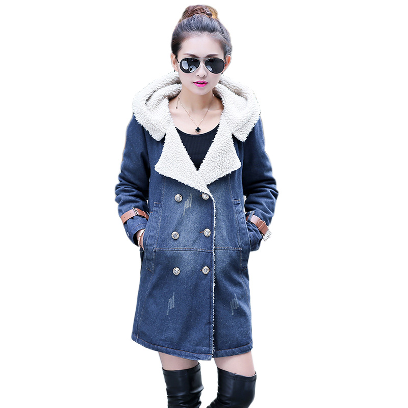New Winter Coat Women Hooded Slim Warm Outwear Fashion Long Denim Jackets Casual Lamb Wool Cotton Padded Jeans Parkas ZJ043