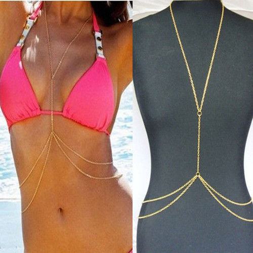 New Ladies Sexy Crossover Gold Body Belly Waist Chain Bikini Beach Harness Necklace