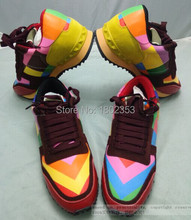 Valentine 2015 New Fashion Sneakers For Women Lace Up Rainbow Multicolor Studded Fashion Sneakers Brand Genuine