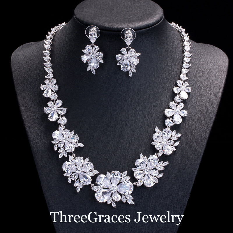 Sparkling Big Cluster Flower White Gold Plated Cubic Zirconia Diamond Bridal Jewelry Sets For Wedding Costume JS016