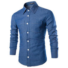 2015 Hot Brand Men Clothes Solid Denim Long Sleeve Slim Fit Mens Dress Shirts Cotton Shirt Summer Casual Camisa Masculina