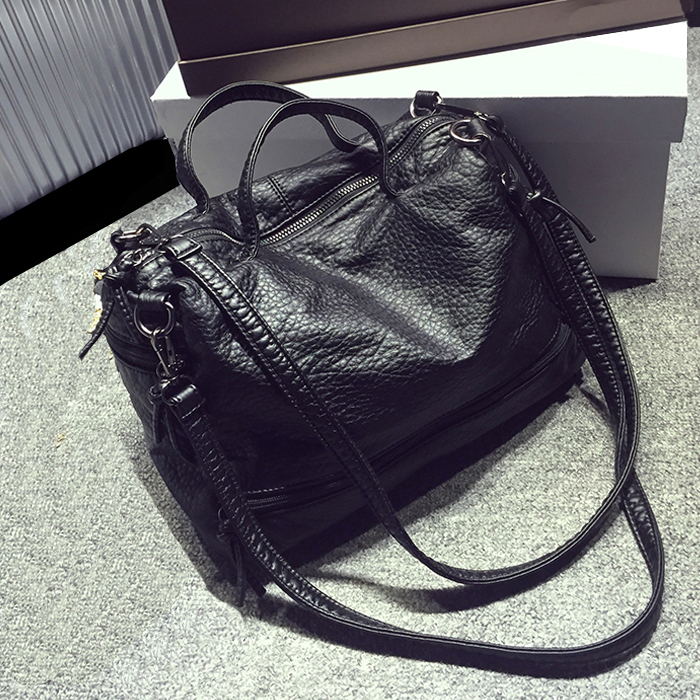 Black Genuine Leather Soft Large Motorcycle Bag Oversize Handbag For Women Tote Shopping With ...