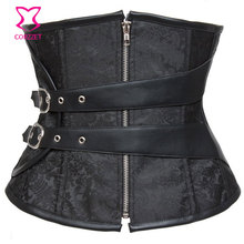 Black Brocade Steel Boned Corset Underbust Tight Lacing Waist Training Corsets Women Gothic Clothing Attachment Buckled Belt