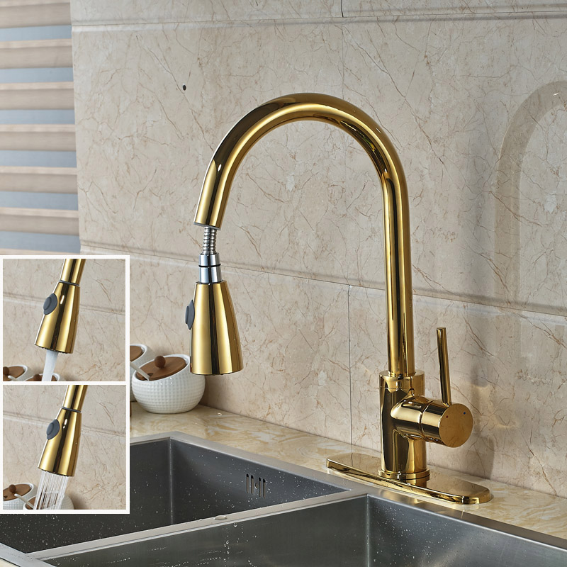 Deck Mount Golden Pull Down Pull Out Kitchen Faucet Single Holder One Hole Mixer Taps with 8 Deck Mount Golden Pull Down Pull Out Kitchen Faucet Single Holder One Hole Mixer Taps with 8