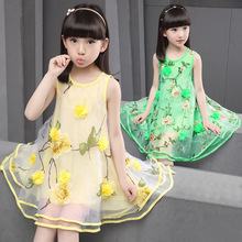 flowers organza big teenage little girls dresses summer 2016 yellow green sleeveless princess girl party dress kids sundress