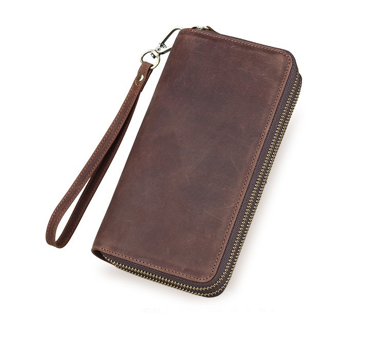 retro personality designer Mens long Wallet High Quality Card Holder crazy horse Leather Double zipper wallet