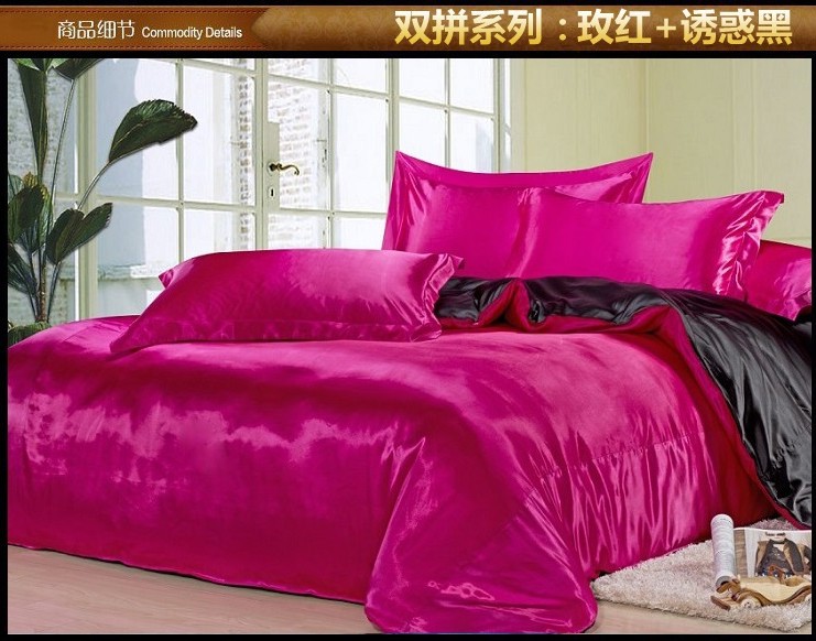 Luxury Black hot pink silk satin bedding set sheets queen quilt duvet