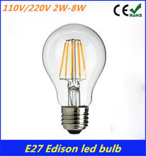 1pcs 2W 4W 6W 8W A60 E27 Led filament bulb 110/240V Edison Retro Bulbble White/ Warm White Energy Saving Light Wholesale
