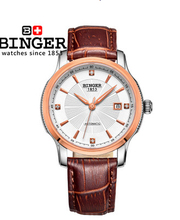 Tourbillon Automatic Mechanical Watch Auto Date Stainless Steel Case Genuine Brown Leather Strap Men Sport Binger Wristwatch