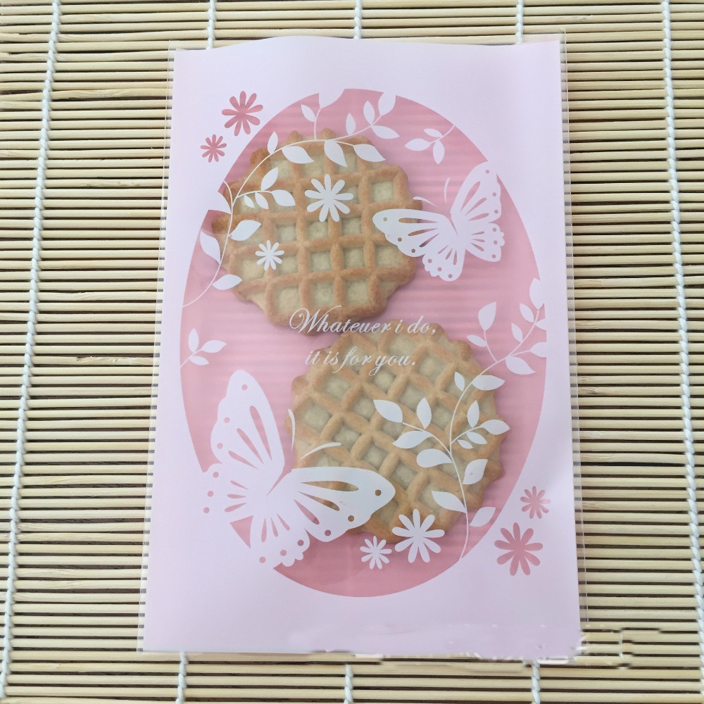 50pcs Butterfly And Flower Pink Cookies Biscuits Bags Self Adhesive Seal Wedding Cellophane Bag Snack Cake Candy Gift
