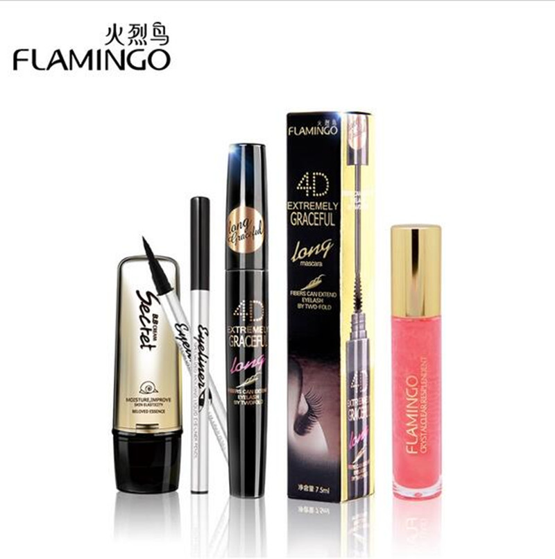 Free Shipping China top 1 Flamingo brand mascara makeup set waterproof mascara eyeliner Repair Milk Lipstick Set