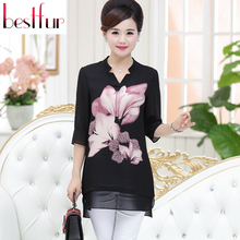 Large Size Women Blouses Blusa Feminina 2016 Summer Three Quarter Sleeve Print Flower Silk Chiffon Blouse Blusas Tops Shirt
