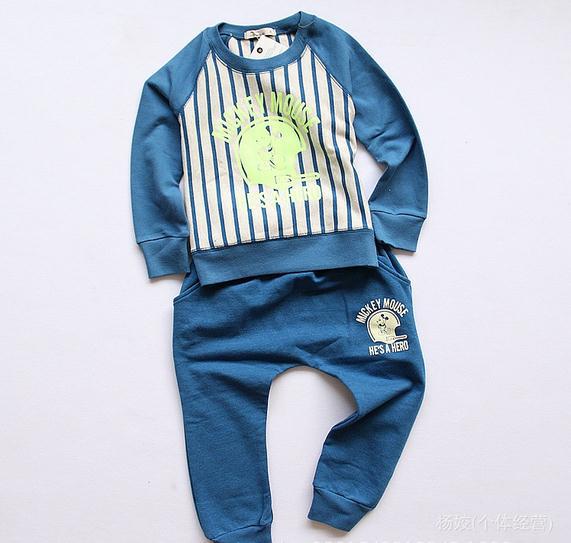Baby boy girl suit pink blue long sleeve cartoon mickey striped tops + trousers 2pcs set kids boys casual clothing set 5set/lot