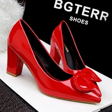 2016 Spring Women Sexy Pointed Toe High Heels Square Rough Heels Shoes Buckle Ladies Office OL Patent PU Leather Party Pumps