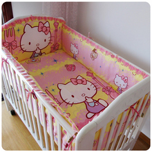 Promotion! 6PCS Hello Kitty 100% Cotton Kid Baby Children Bedding Set Product Infant Cartoon (bumper+sheet+pillow cover)