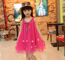 Free Shipping 2015 New Arrival Summer Girls Voile Flower Dress Girls Beautiful Perform Sleeveless Princess Dress