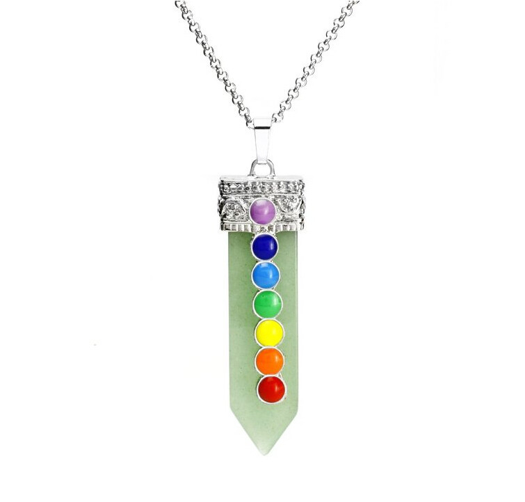 Unisex Crystal Quartz Seven Chakra Power Healing Gemstone Balancing Stone Reiki Focal Beads Sword Pendant Necklace, 20 Inch Stainless Steel Chain aventurine