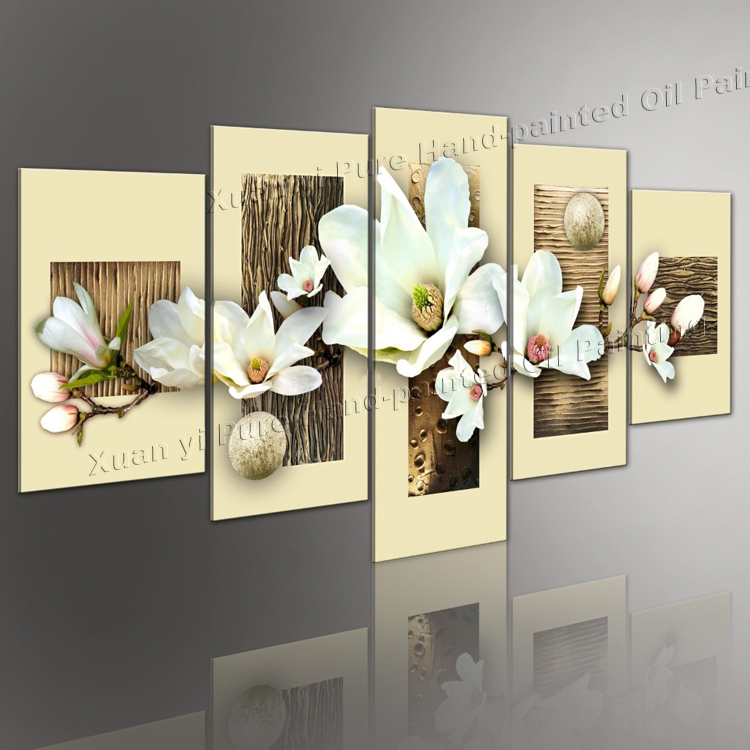 100% Hand Painted White Flower Pictures Wall Art Modern Decorative 5 Piece Oil Paintings On Canvas For Bedroom Home Decoration