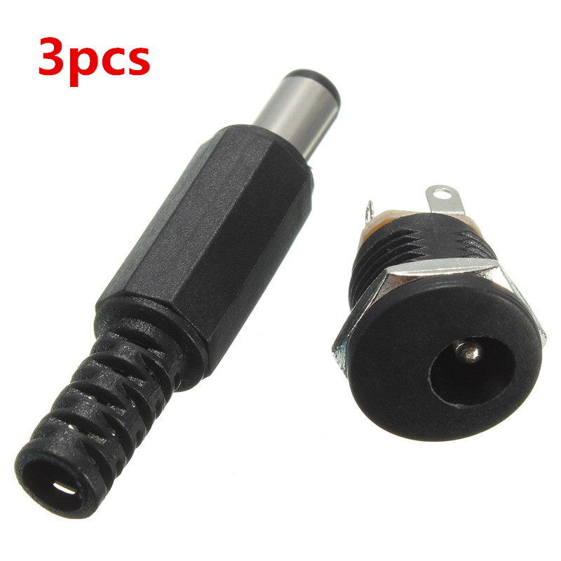 3Pcs 2.1mm x 5.5mm Power Male Plug + Female Socket Panel Mount Jack FOR DC Connector Adapter Black 12V 3A