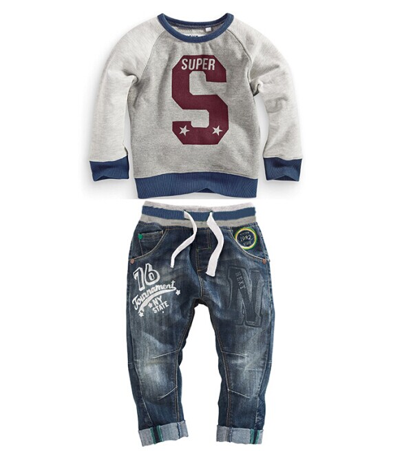 2015 HOT baby boys casual sports long-sleeve sets children boy Jeans letter shirt suits autumn winter 6set/lot