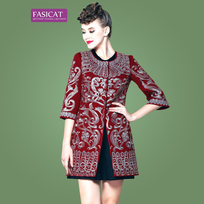 Fasicat 2015 Fashion Brand Fashion  Ladies Over Coats O Neck Three Quarter Sleeve Flower Embroidery  Women Trench Coat  154788