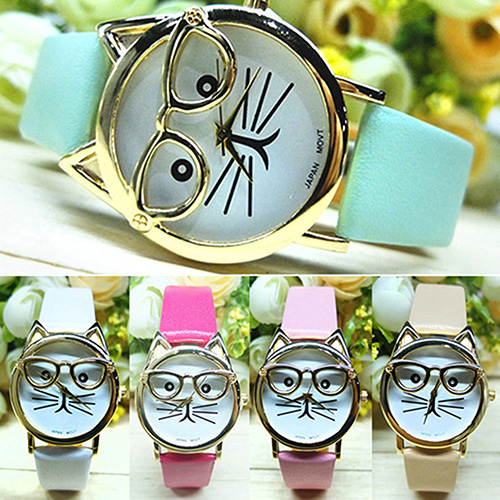 Fashion Unisex New Wristwatches Women s Men s Cute Glasses Cat Case Faux Leather Analog Quartz