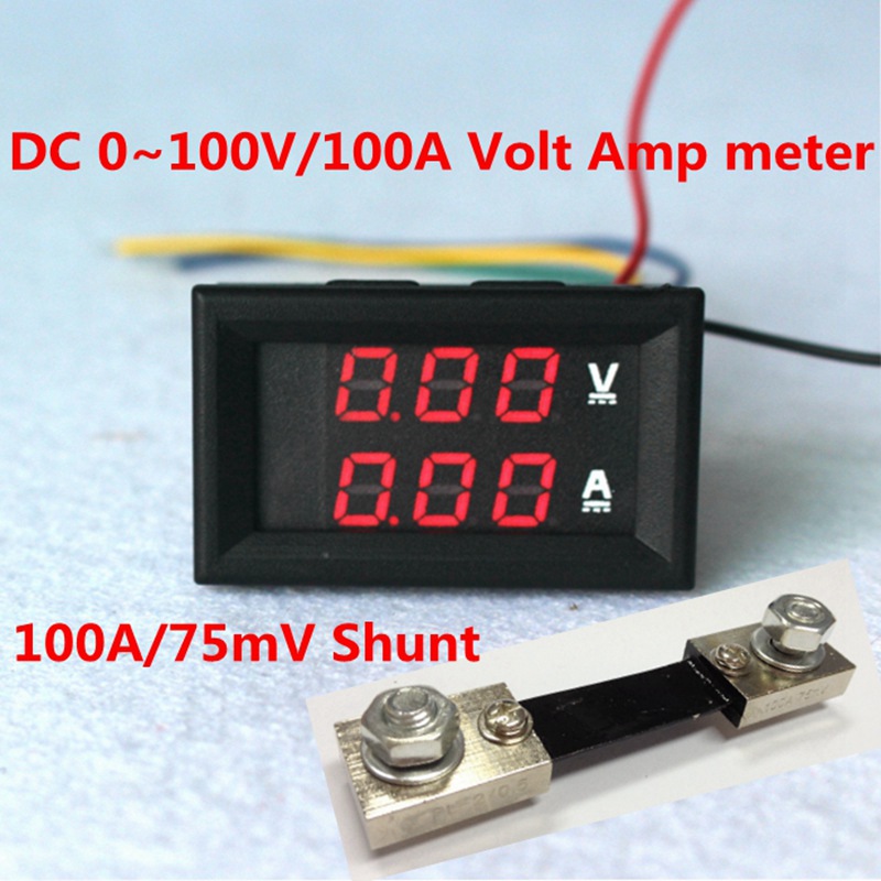 2in1 DC 0-100V/100A Red LED voltmeter Ammeter With DC 100A Resistive Shunt Voltage Current Monitor Meter Voltmeter Ampere meter