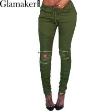 Glamaker Sexy bodycon zipper army green ripped jeans 2016 Autumn pleated casual stretch jeans female long skinny denim pants