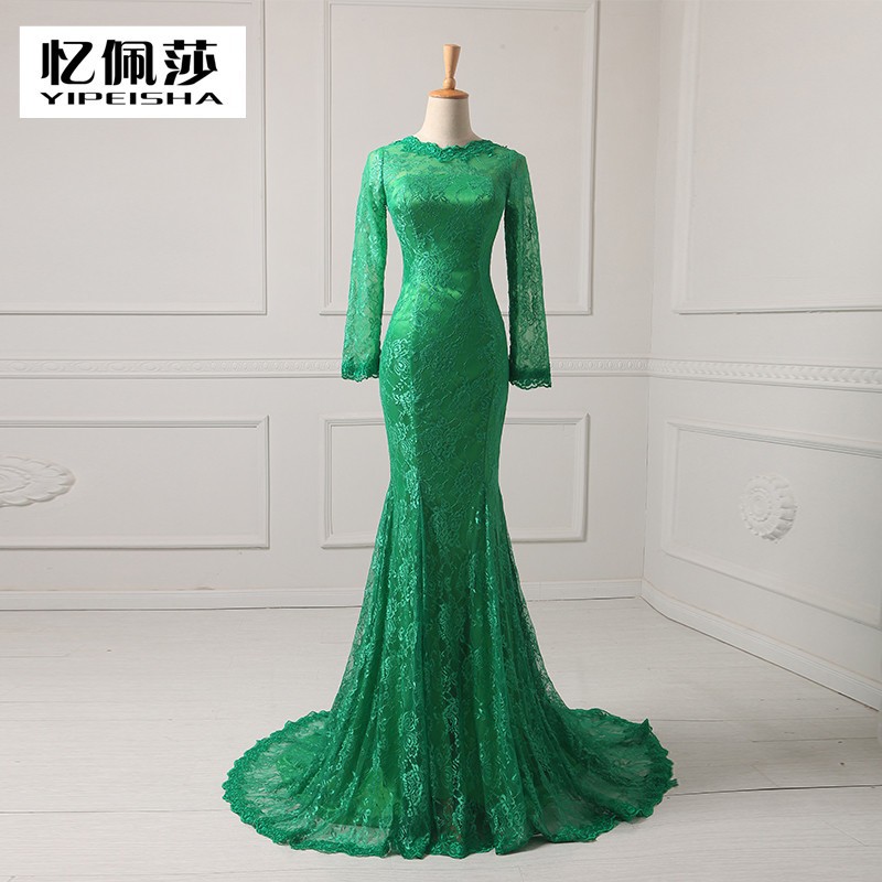 2015 Long Sleeve Evening Dresses Vintage Green Lace Mermaid High Neck Court Train EveningFormal Gowns For Womens 