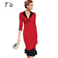 T O Mermaid Button Autumn 3 4 Sleeve Green Red Purple Vintage dress V neck formal