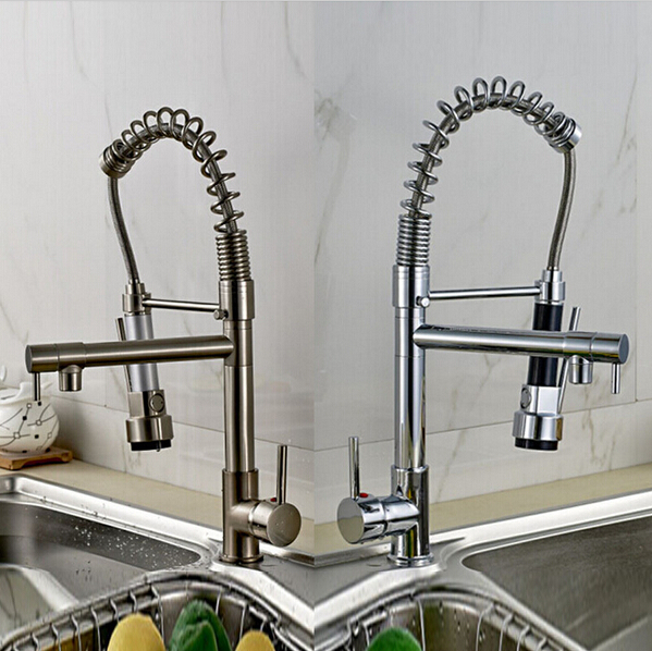 Luxury Chrome & Nickel Double Spout Pull Down Kitchen Sink Faucet Single Handle Brass Kitchen Mixer Taps