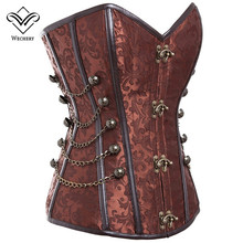 Women’s Brocade Buckle Steampunk Gothic Punk Faux Leather Steel Boned Corset with Chain Stud