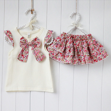 New Kids Flowers Bow knot Tops Ruffle Culottes 2PCS Set Outfits Girls Clothes 0 3Y