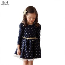 2014 Top Autumn Winter Kids Toddler Girls Princess Dress Long Sleeve Polka Dots Buttons Dress Ages With Belt 3-11Y 41(China (Mainland))