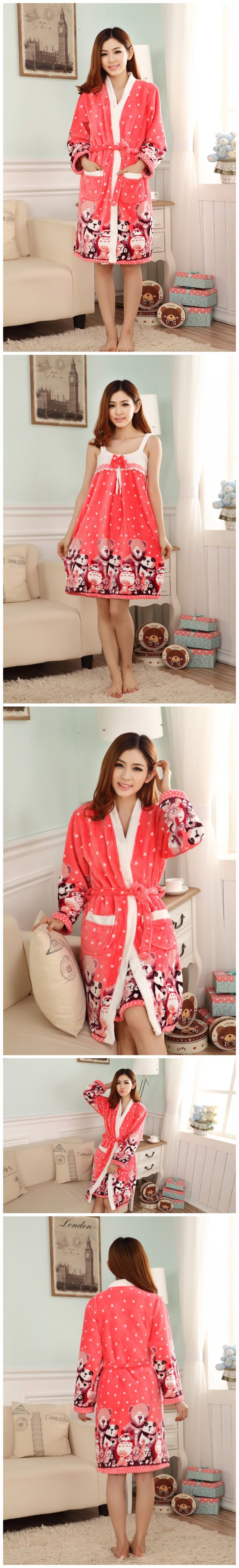 Hot 2015 New Autumn Thick Warm Section Women Cute Cartoon Dot Long Sleeve Pajamas Sleepwear_2