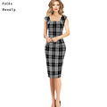 Plus Size Pencil Sheath Dress 2016 New Sale Womens Summer Elegant Tartan Square Neck Tunic Wear
