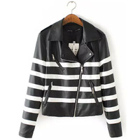 New fashion casual 2015 autumn winter black and white striped leather motorcycle jacket women coats suede leather jackets s m l