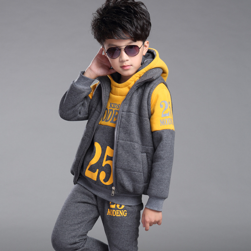 Winter 2015 New Arrival Boys Thick Fleece Clothing Sets Kids Patchwork Warm Sport Suits Boys Casual Hoodies+Vest+Pants , LC607