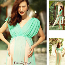 Silver Green Gown Two Layer Gauze Studio Maternity Photography Props Pregnant Women Long Dress Photo Shoot Fancy costume