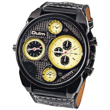 2015 Brand New Oulm 9318 Men s Watches Double Movt Strips Hours Marks Round Dial Leather