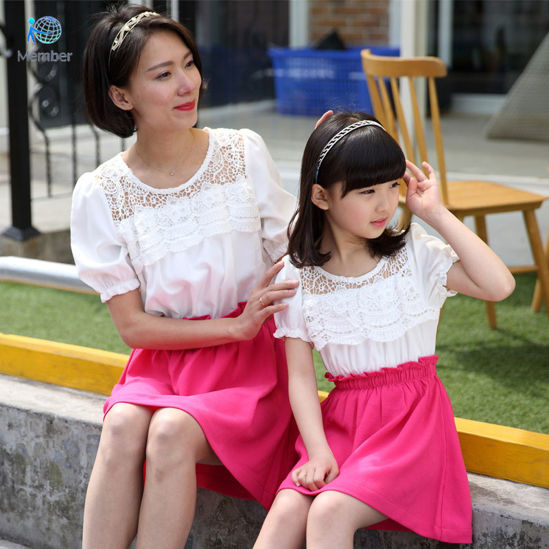 Mother and daughter clothes Mother of font b women b font Lace stitching short sleeved font