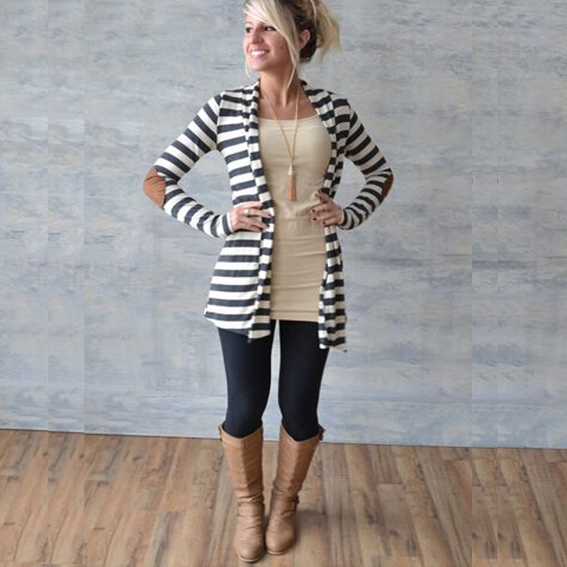 2015 autumn Brand Striped Women Cardigan Long Sleeve elbow patchwork knitted stripes Cotton cardigan Thin Jumper