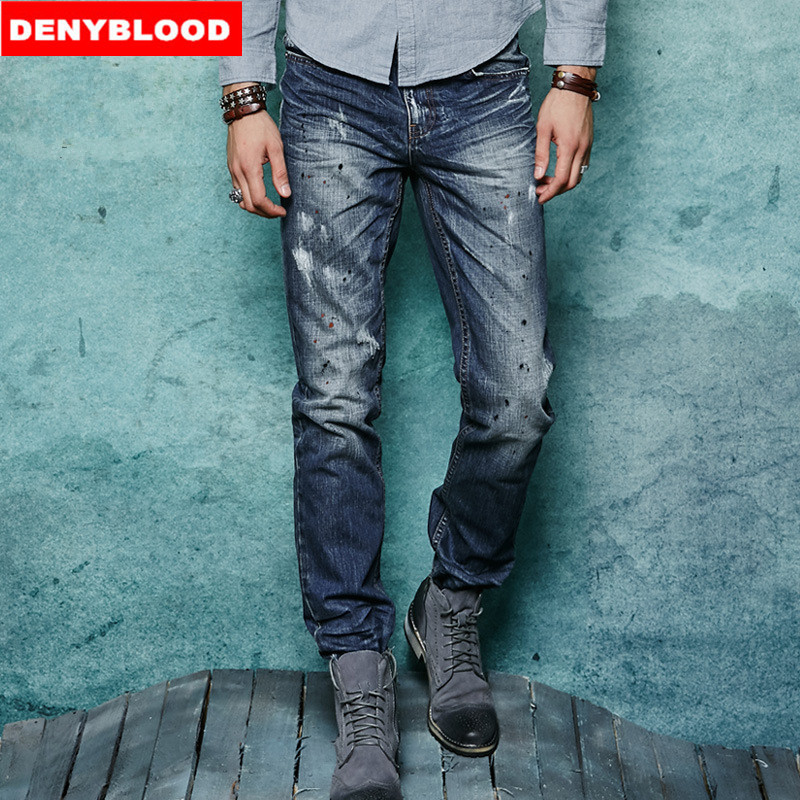 100% Cotton Denim Mens Jeans 2016 Spring New Arrival Slim Straight Distressed Jeans Ripped Destroyed Casual Pants 151104-2