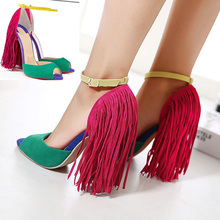 2016 New Fashion Brand Peep Toe 11CM High Heels Shoes Women Sandals Tassel Mixed Colors Woman Pumps Roman shoes Free shipping