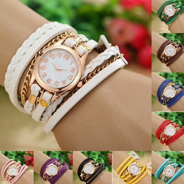2015 FAshion Vintage Women Dress Watch Ladies Girls Women Leather Bracelet Wristwatch Weave Wrap Rivet Watch